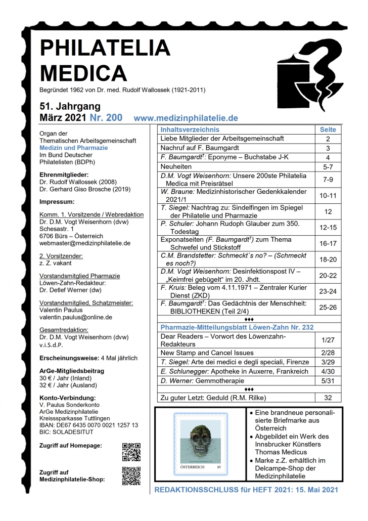 Philatelia Medica 200 Inhaltsverzeichnis